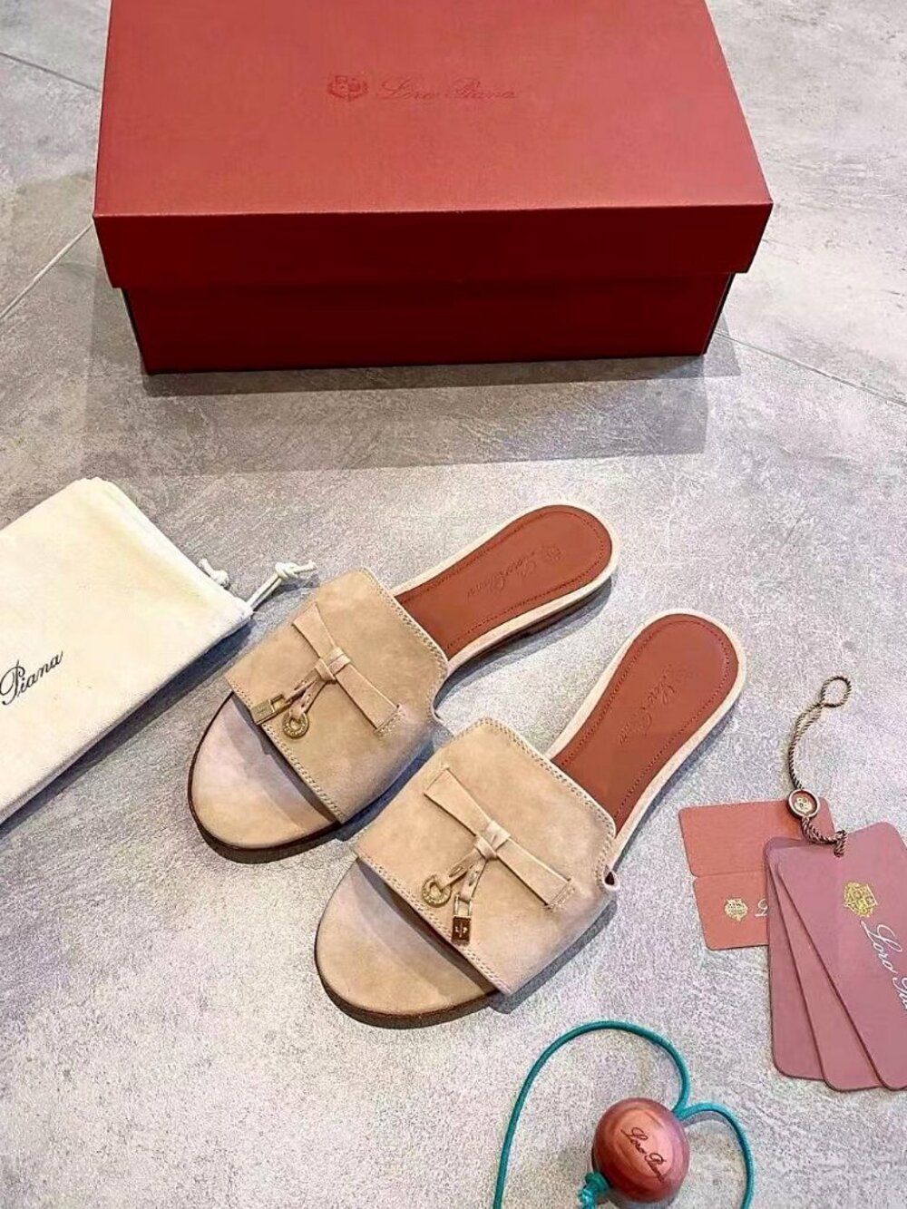 Loro Piana Beige Suede Bow Charm Slide Sandals - Picture 4 of 6